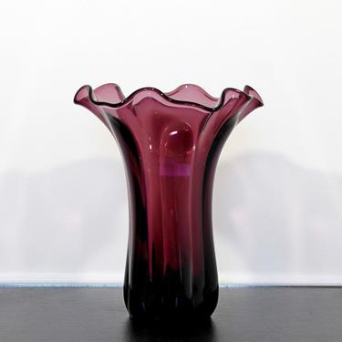 Mid Century Modern Purple Glass Art Vase Vessel Flower Organic Shape 1970s 