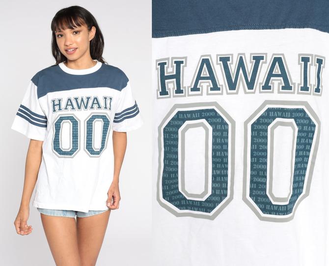 2000 Hawaii Shirt Ringer Tee 00s Shirt Number Tshirt Vintage Y2K Shirt Football T Shirt Graphic retro Tshirt White Blue Medium 