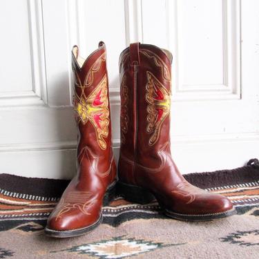 WILD WEST Vintage 1970s Mens Leather Western Inlay Boots | Mens Cowboy Boots | Butterfly Inlay Boots | Southwestern | Mens Size 11.5EE 