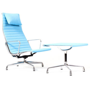 Mid Century Herman Miller Aluminum Group High back Lounge Chair + Ottoman — Charles Eames — Sapphire Blue Hopsack 
