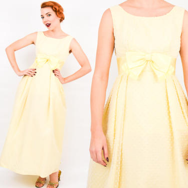 60s Yellow Prom Dress | Dotted Swiss Evening Dress | Yellow Bridesmaid Dress | Small 