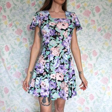 Vintage 80s Floral Mini Dress, Cut out Back, Pastel Fit and Flare by Nicole Elizabeth, Size Small 