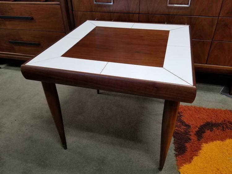 Mid-Century Modern side table with walnut and white top