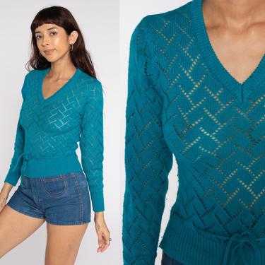 Sheer Blue Sweater 70s V Neck Sweater Knit Semi-Sheer Open Weave Sweater Retro Sweater Pullover Sweater Vintage Boho 1970s Extra Small xs by ShopExile