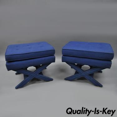 Pair of Blue Denim Upholstered X Base Bench Stool Vintage Hollywood Regency