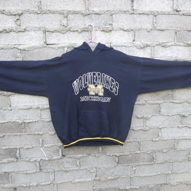 Vintage Sweatshirt 1990s 80s Wolverines Michigan University Football Hoodies Large Oversized Distressed Preppy Grunge Hipster Faded Blue 