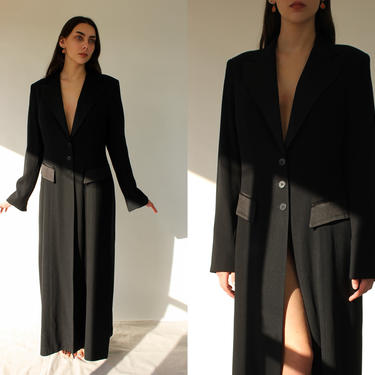 Vintage 90s Georgiou Studio Collection Black Tuxedo Tailored Duster Jacket | Evening, Uptown Chic, Overcoat | 1990s Designer Swing Coat 