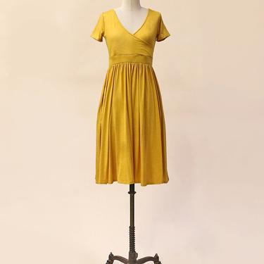 MARA Mustard - mustard yellow draped jersey midi skirt modest bridesmaid dress with short sleeves. reversible dress with pockets 