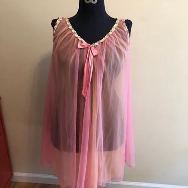 Nightie 1960s vintage pinup night gown sheer chiffon pink yellow floral Berkliff L 