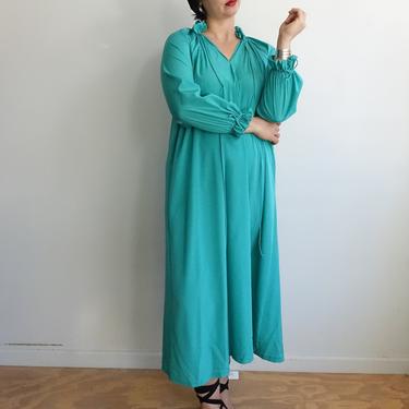 Vintage 80s Teal Ruffle Dress with Poet Sleeves/1980s Minimalist Tent Dress/ Size Large XL 