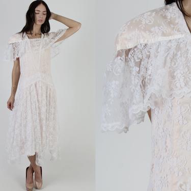 80s Light Pink Gunne Sax Dress / 1980s Romantic White Floral Lace Dress / Deco Bridal Asymmetrical Hemline / Wide Collar Lawn Midi Dress 