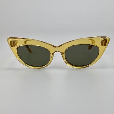 1950'S Cat Eye Sunglasses - Golden Yellow Frames with Smokey Green Glass Lenses - by TWEC Made in France  - New UV Glass Lenses 