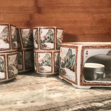 Vintage Chinoiserie Stoneware Japanese Tea Set with Warmer Chinese Scenery 