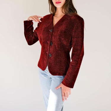 Vintage 70s Anne Klein Merlot Red Herringbone Velvet Cropped Jacket w/ Abstract Black Enamel Buttons | Made in USA | 1970s Designer Jacket 