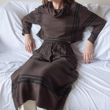 6543t / brown cowl neck crop top skirt set / m / l 