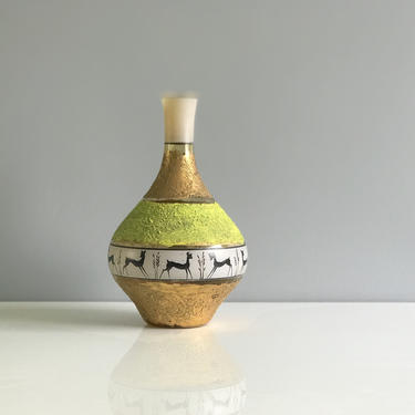 Hand painted Gold and Chartreuse Glass Vase, Mid Century Gold Vase Gazelle Detail 