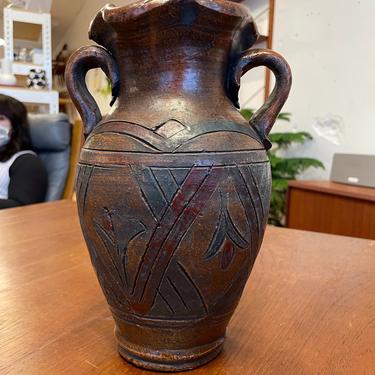 Double Handle Folded Vase with Carved Pattern