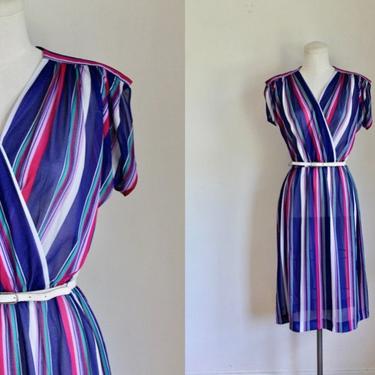 Vintage 1970s Sheer Striped Faux Wrap Dress / S 