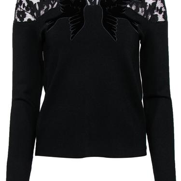 Sonia Rykiel - Black Sweater w/ Velvet Bird Embroidery & Lace Trim Sz M