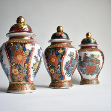 Trio of Ginger Jars | Vintage Lidded Ceramic Mantle Art | Moriage Textured w/ Gold | Kutan Japanese Coloring | Gold Floral Birds Decor 