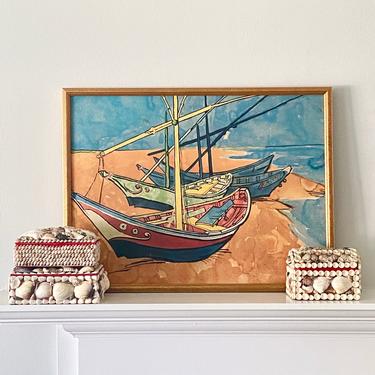 Vintage Van Gogh Watercolor Print Fishing Boats on the Beach at Saintes Maries De La Mer 