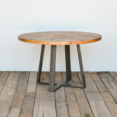 Barn Wood Table with pedestal base in reclaimed wood and steel legs in your choice of color, size and finish 