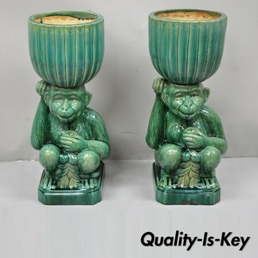 Majolica Green Glazed Ceramic Crouching Monkey 30" Planter Pedestal Stand - Pair