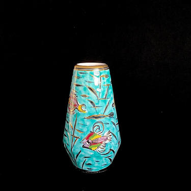 Vintage Mid Century Modern 1960s 1970s Ikaros Rhodes Greece Greek Pottery Vase with Underwater Fish Hand Painted Theme 6&amp;quot; Tall 
