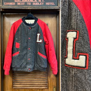 Vintage 1980’s “Levi’s” Denim Varsity New Wave Athletic Jacket, 80’s Letterman Jacket, 80’s New Wave, 80’s Denim Jacket, Vintage Clothing 