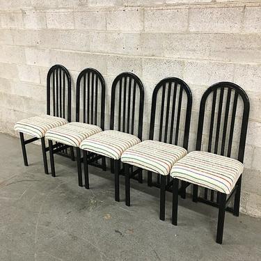 LOCAL PICKUP ONLY Vintage Black Metal Dining Chairs Retro 1980's Set of Five Chairs with Rounded Floor-length bar-backs and Striped Cushions 
