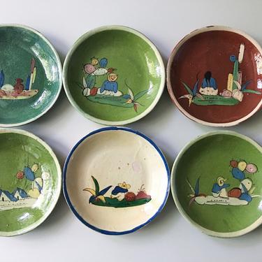 1940s Mexican Mini Dishes Graphic Design Tlaquepaque Set of 10 Mural Pottery Art Vintage Wall Decor plate Tourist 