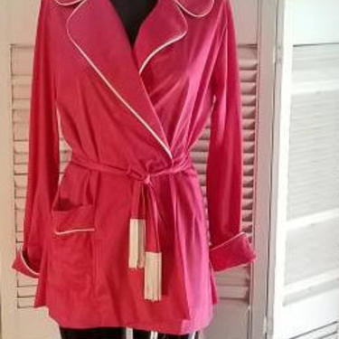 Vintage 60s Hot Pink Robe Shorty Mini Tailored Fringed Belt White Piping M/L 
