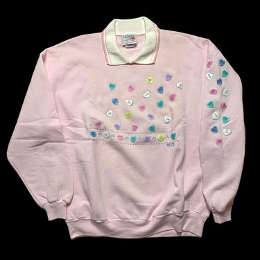 Vintage 1980s/1990s Women's Candy Hearts Sweatshirt ~ Collared / Crewneck ~ Morning Sun / Jerzees ~ All Over Print 