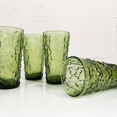 True Vintage Avocado Geen Anchor Hocking Lido Milano Crinkle Glass Iced Tea Glasses Set of Four Tumblers Textured Highball 1960s 1970s Nubby 