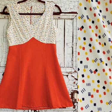 1970s Vintage Orange A Line Mini Dress, Sleeveless Gogo Minidress Stretch Polyester, 70s Mod Plus Size Dress Large 