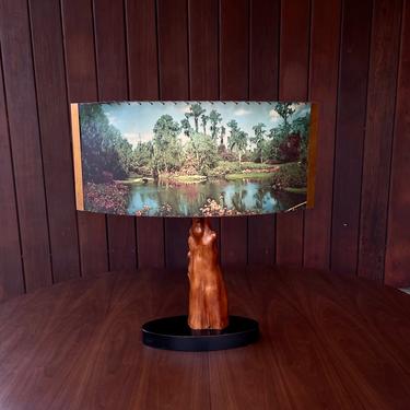 1950s Cypress Table Lamp with Panoramic Shade Vintage Mid-Century Kitsch 