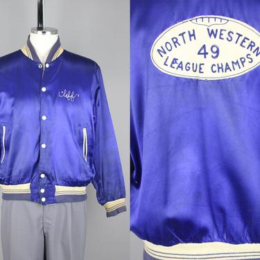 1949 Satin Football Jacket · Vintage 40s Cobalt Blue Varsity Jacket · Medium / Large 