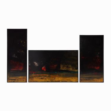 1977 Triptych Oil Painting on Canvas Abstract Mid Century Modern 