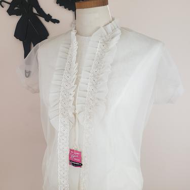 Vintage 1950's Sheer Nylon Top / 60s Embroidered Eyelet Blouse L 