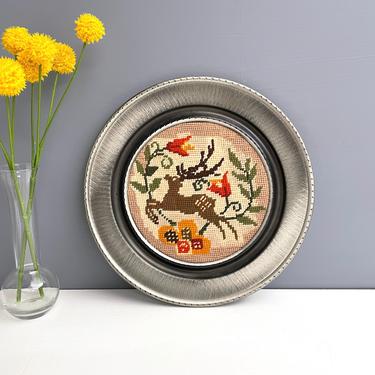 Bavarian needlepoint bounding deer and flowers - round metal frame - vintage needlework 