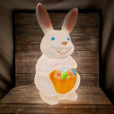 1980s Vintage Bunny Rabbit Blow Mold, Empire Plastics Lighted Easter Bunny Carrying Eggs in Basket, Indoor Outdoor, Vintage Easter Decor 