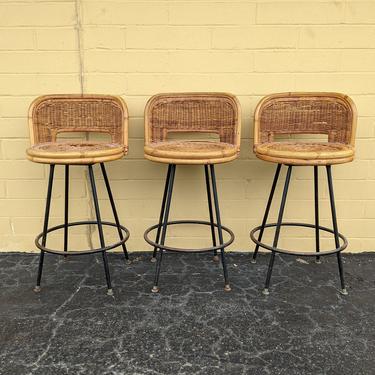 Vintage Modern Counter Height Swivel Wicker and Wrought Iron Bar Stools - Set of 3 