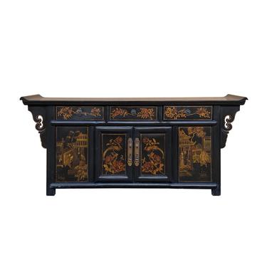 Chinese Distressed Black Golden Graphic TV Console Table Cabinet cs7192E 