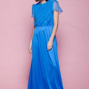 maxi dress blue hostess ruffles sheer short sleeves slinky floor length vintage 70s MEDIUM M 