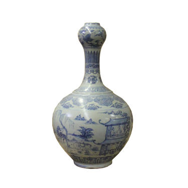 Chinese Blue Off White Porcelain Light Fade Scenery Graphic Vase cs4810E 