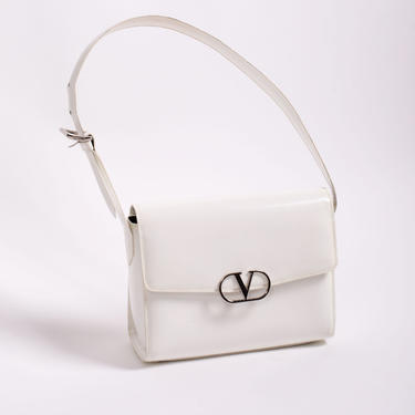 Vintage VALENTINO Small White Patent Leather V Top Handle Shoulder Bag Logo Les Sacs Garavani Minimal 90s 