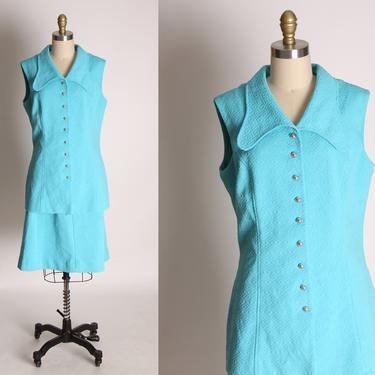 1960s Turquoise Blue Sleeveless Button Up Blouse with Matching Polyester Skirt Suit Outfit by Montgomery Ward -L 