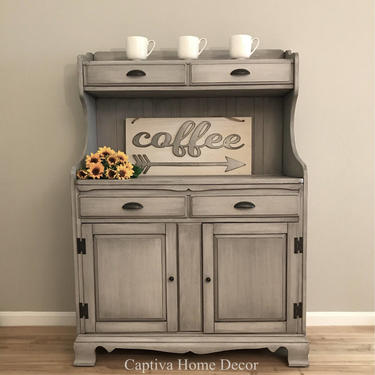SOLD- Petite grey coffee station, farmhouse hutch, water bar, china cabinet, dry sink, handpainted, gray paint, black wax by CaptivaHomeDecor