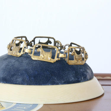 vintage scotty dog bracelet • 1940s novelty gold tone square link bracelet 