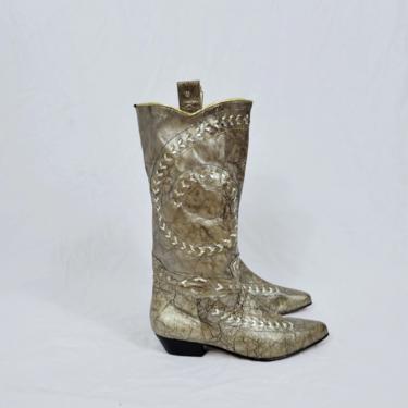 Sesto Meucci 1990's Distressed Metallic Pewter Leather Boots I Sz 9 I Cowboy Boots 